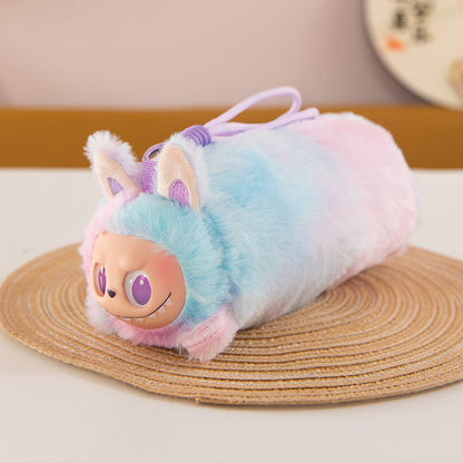 Labubu Plush Lanyard Pencil Case, Cute Tie-Dye Plush Storage Pouch for Kids and Students