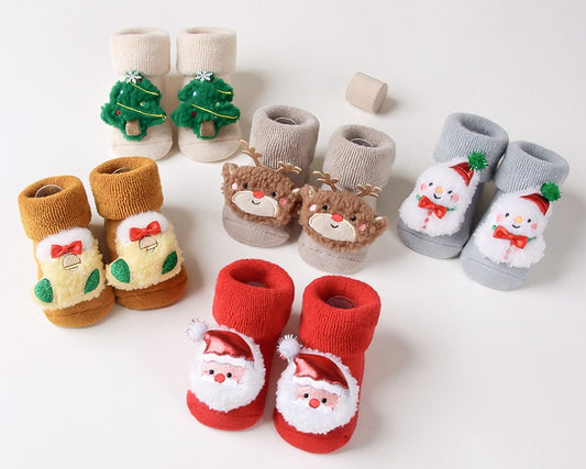 Newborn Baby Christmas Socks Red Combed Cotton Thick Fleece-Lined Non-Slip Floor Socks for Winter