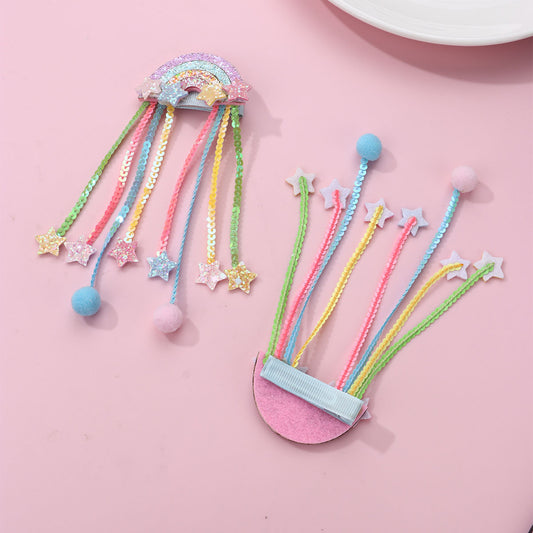 Girls Rainbow Pom Pom Hair Clips Glitter Stars and Tassel Ribbons Sweet Hair Accessories