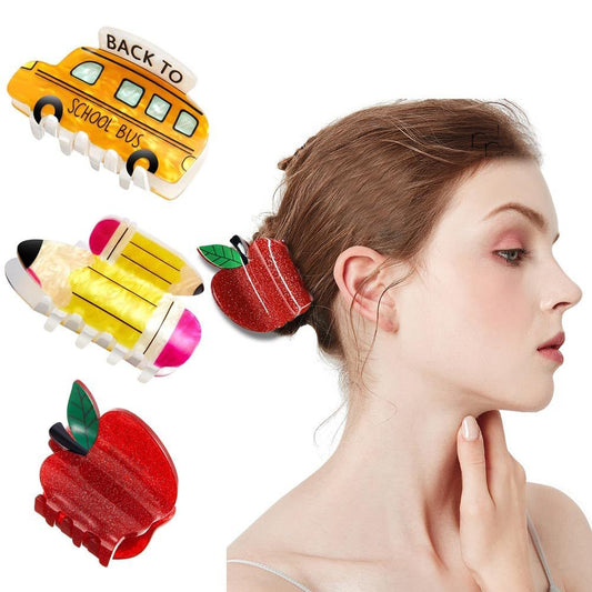 Cute Apple & School Bus Hair Claw Clips – Back-to-School Cartoon Hair Accessories