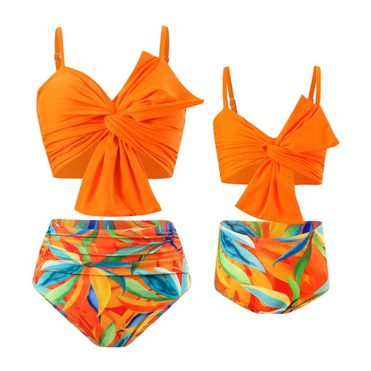 Tropical Family Matching Swimsuits Vibrant Orange & Leaf