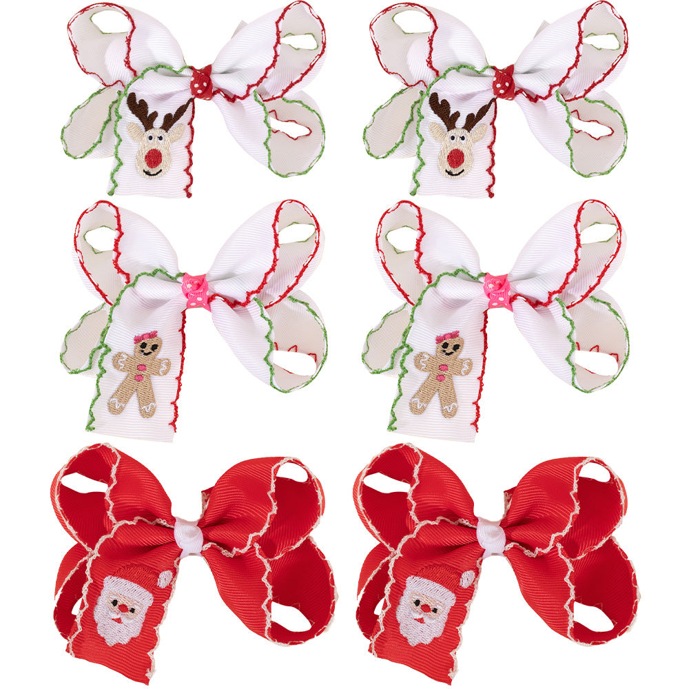 Christmas Santa Claus Reindeer Gingerbread Embroidery Hair Clips Bow Hairpins Girls