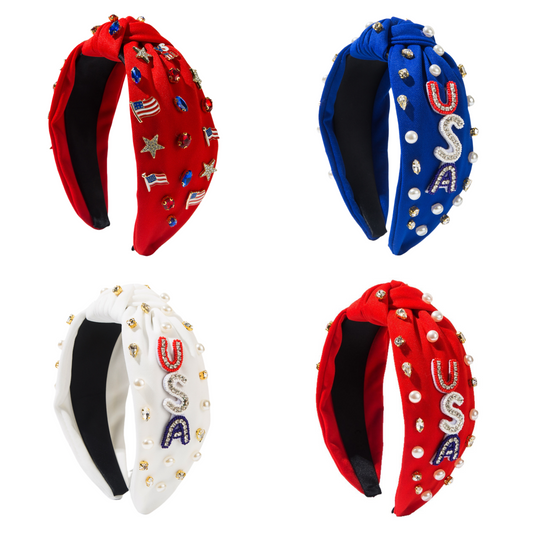 USA Flag Headband Letters Rhinestones Pearl Independence Day