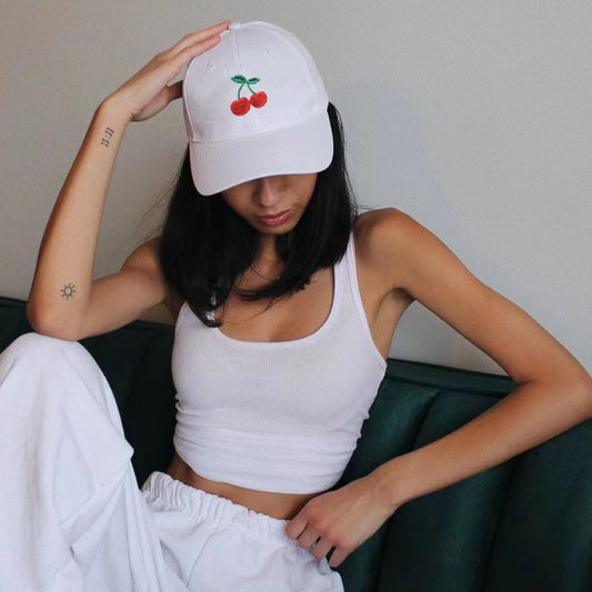 Vintage Washed Cherry Embroidered Baseball Cap For Adult & Big Kids