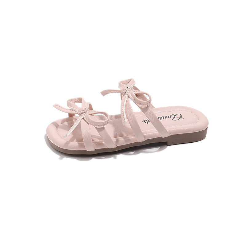 Girls' Sandals With Bow Design Soft Slip-On Slides In Past