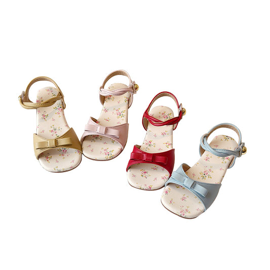 Girls Floral Flat Sandals Bow Tie Princess Strappy Shoes