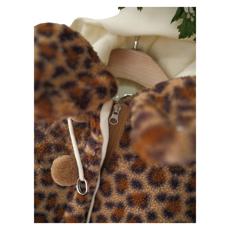 Girls’ Winter Leopard Print Hooded Jacket Thick Fleece-Lined Warm Coat for Toddlers and Kids