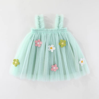 Girls Tulle Dress with 3D Flowers Layered Simple 3 Colors