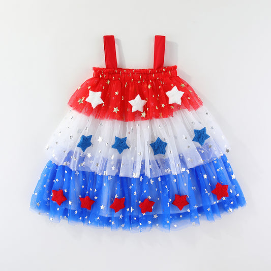 Patriotic Red White Blue Star Tulle Dress for Girls 4th of July