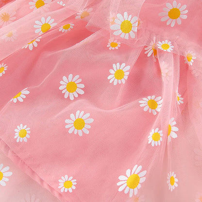 Girls Strapless Floral Daisy Print Mesh Layered Cake Dress