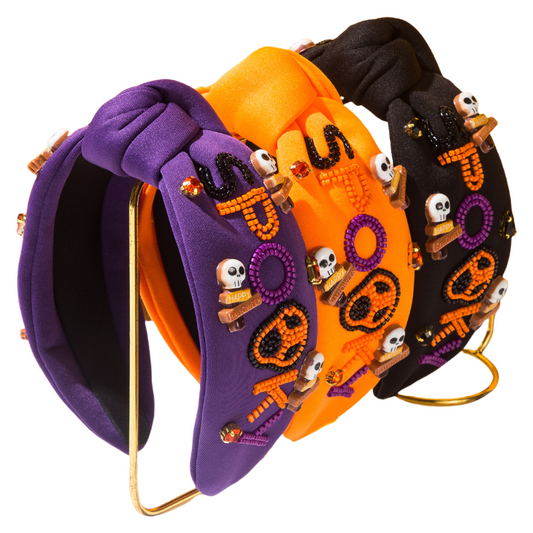 Halloween Fall Pumpkin Spooky Skull Headband Seed Beads Rhinestones Pearl Knot