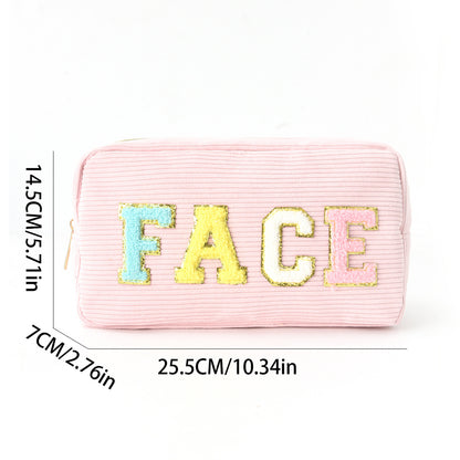 Corduroy Embroidered Makeup Bag with Letters, Portable Large Capacity Cosmetic & Toiletry Pouch