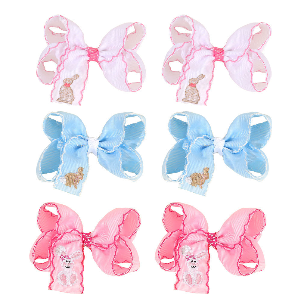 Kids Easter Bunny Embroidered Bow Hair Clip with Overlock Edges, Grosgrain Ribbon Hair Accessory