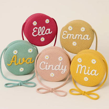 Kids Spring & Summer Personalized Straw Crossbody Bag – Custom Name Daisy Woven Purse