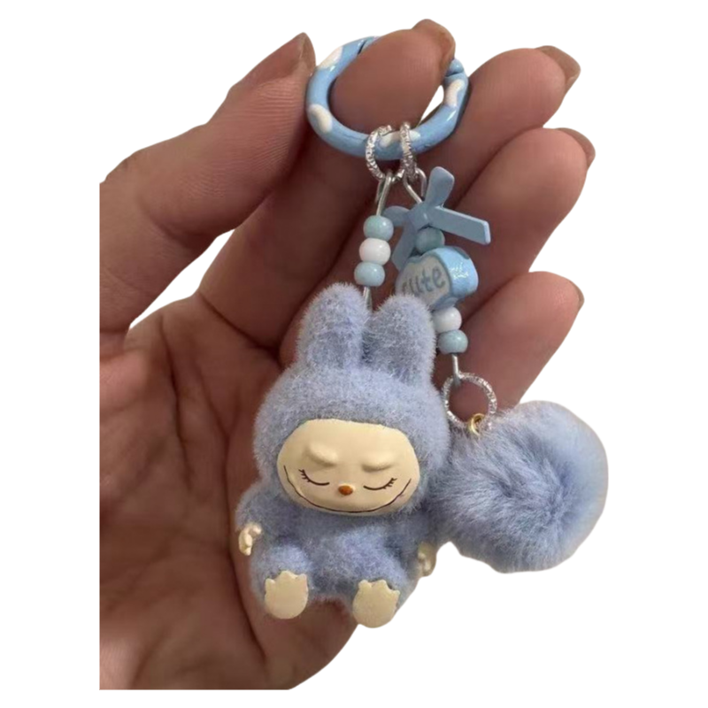 Labubu Sitting Pose Flocked Keychain Plush Bag & Car Keyring Decor Silicone Gift