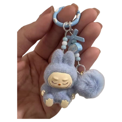 Labubu Sitting Pose Flocked Keychain Plush Bag & Car Keyring Decor Silicone Gift