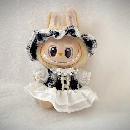 17cm Labubu Elegant Tweed Doll Outfit Bow Headwear Costume