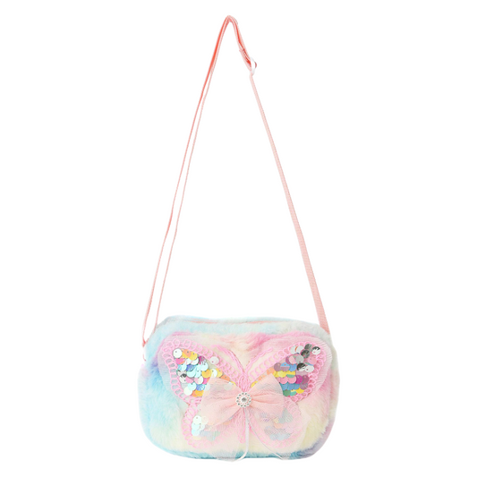 Girls' Plush Crossbody Bag Tie-Dye with Sequin Butterfly Design