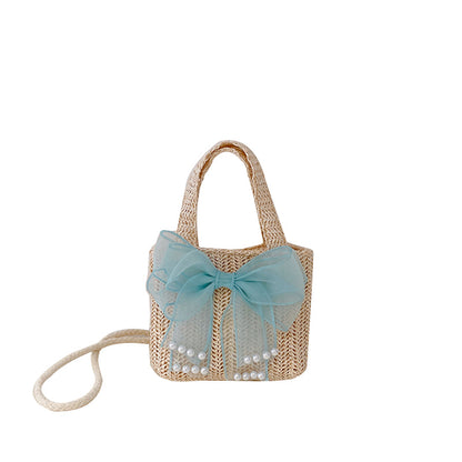 Spring Summer Kids Strawberry Bow Flower Straw Crossbody Bag