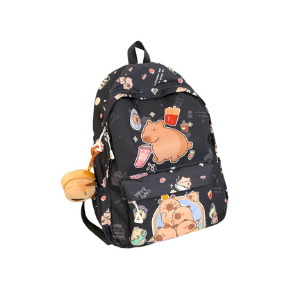 Capybara Print Trendy Print Large Backpack Back To School Bag With Plush Keychain