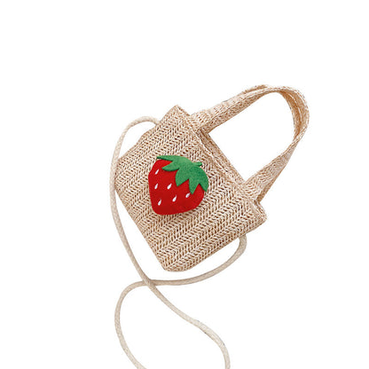 Spring Summer Kids Strawberry Bow Flower Straw Crossbody Bag