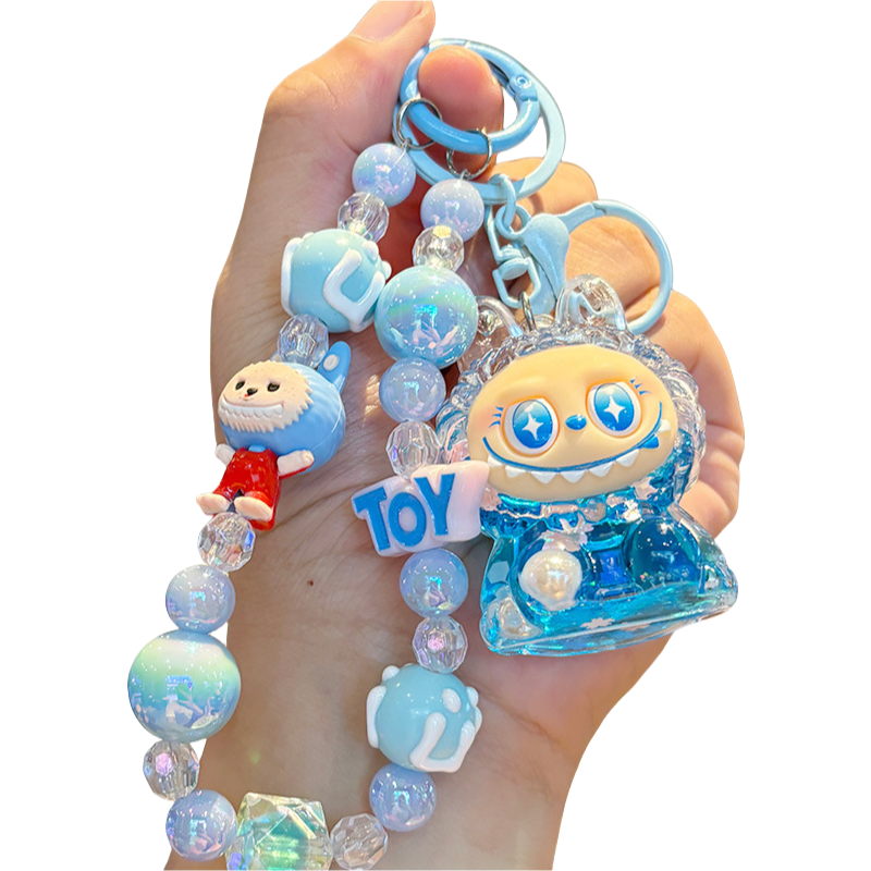 Labubu Sitting Keychain Cute Vinyl Figure Charm with Beaded Chain for Keys or Bag
