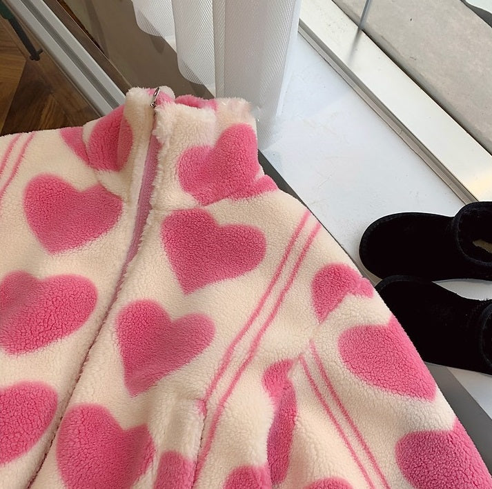 Girls’ Sherpa Lined Zip-Up Hoodie – Valentine’s Heart Jacket