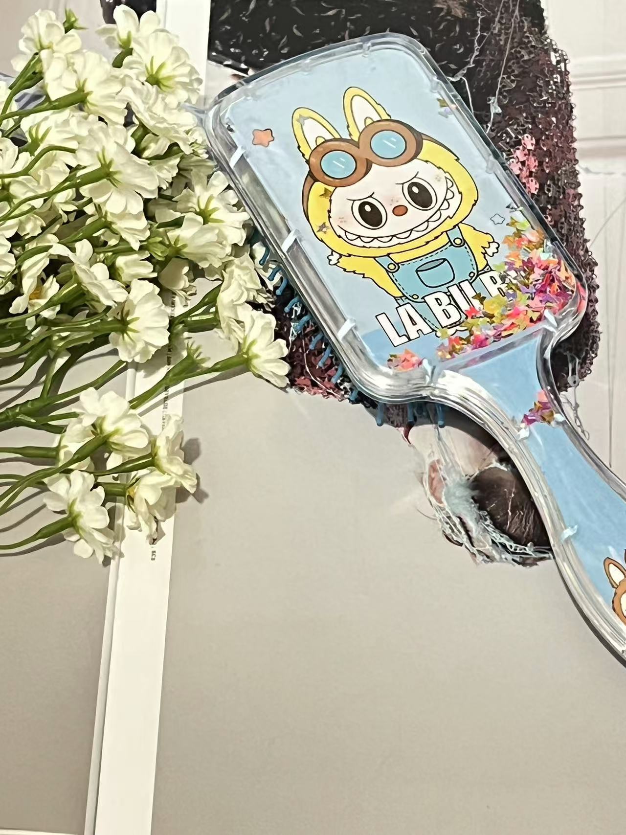 Labubu Cushion Hair Brush with Cartoon Print Glitter Liquid Sequins, Massage Airbag Comb