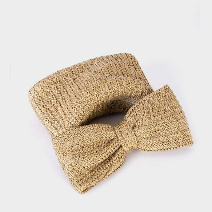 Bow Detail Woven Straw Clutch Handbag for Women