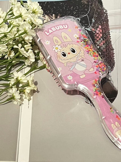 Labubu Cushion Hair Brush with Cartoon Print Glitter Liquid Sequins, Massage Airbag Comb