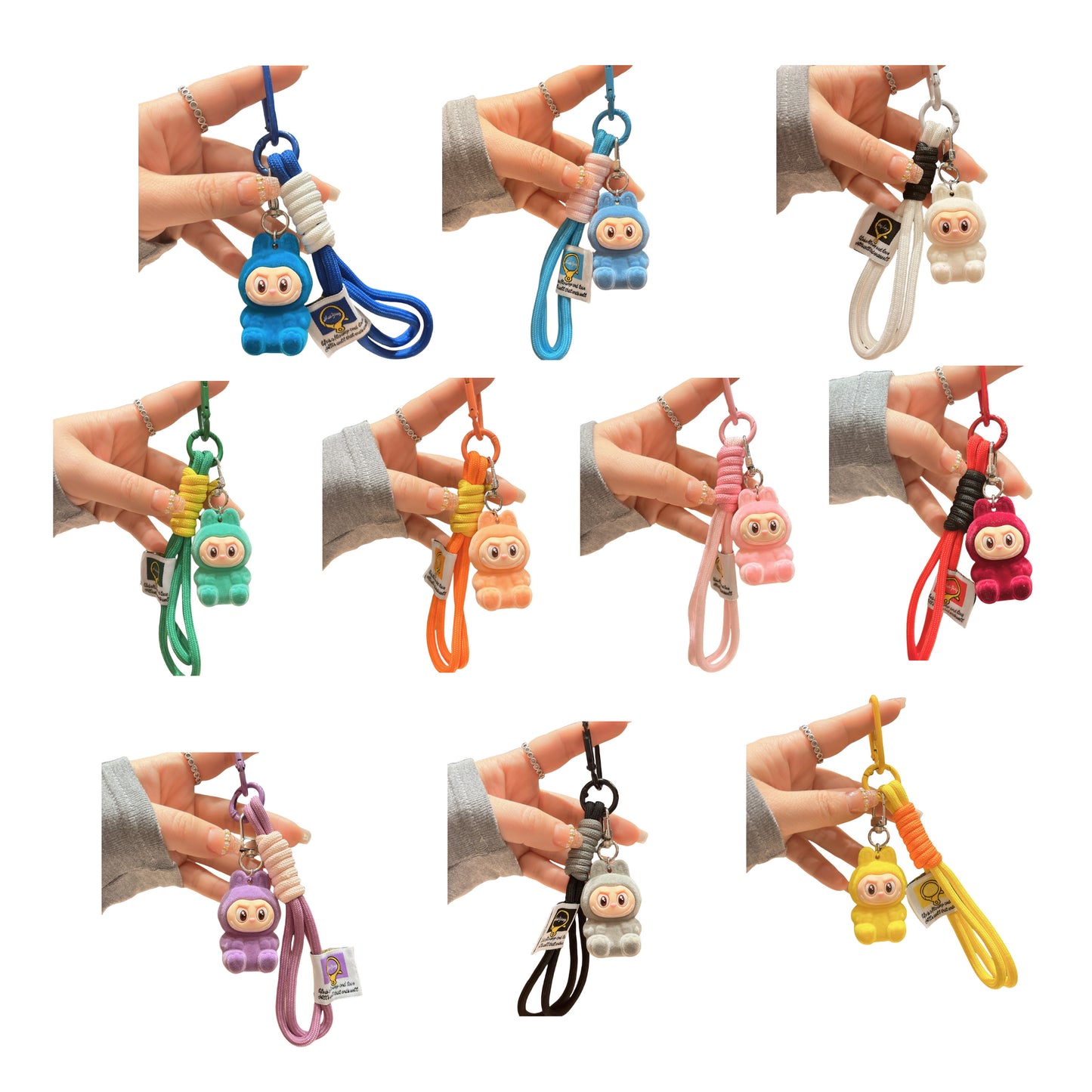 Flocked Labubu Resin Keychain with Cute Strap Plush Bag Charm Accessory