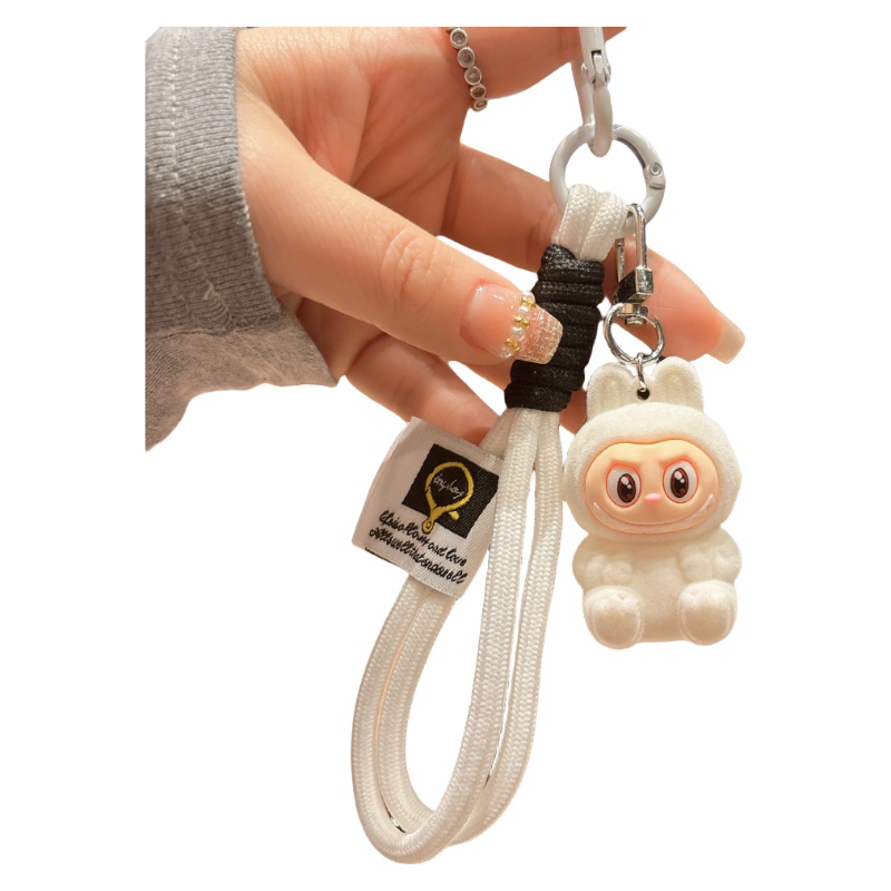 Flocked Labubu Resin Keychain with Cute Strap Plush Bag Charm Accessory
