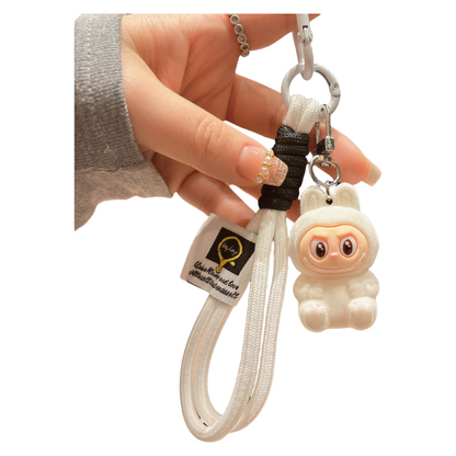 Flocked Labubu Resin Keychain with Cute Strap Plush Bag Charm Accessory