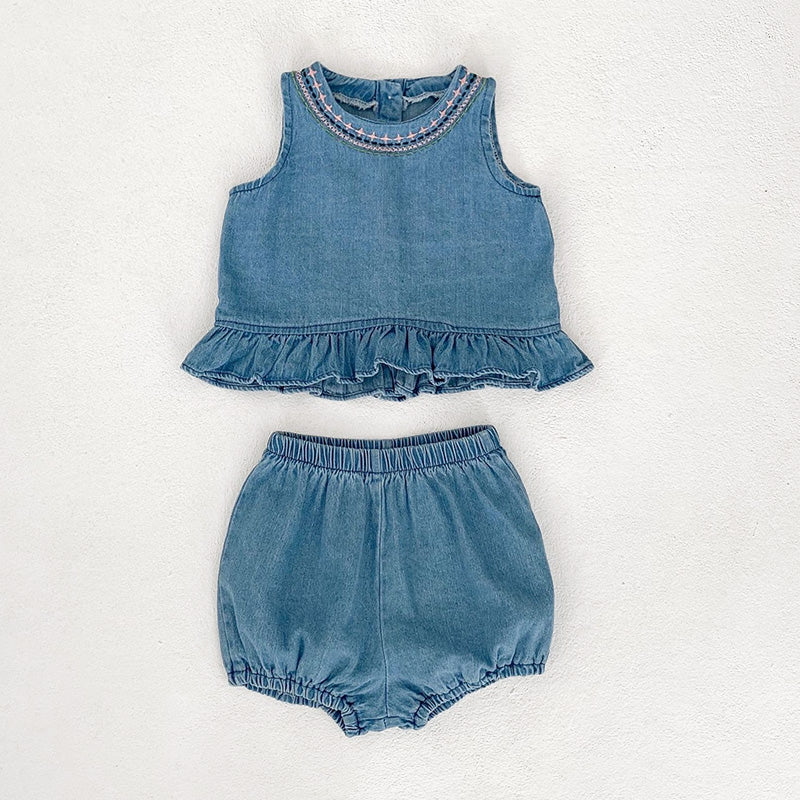 Baby Girls Embroidered Soft Denim Cotton Sleeveless Outfit Set