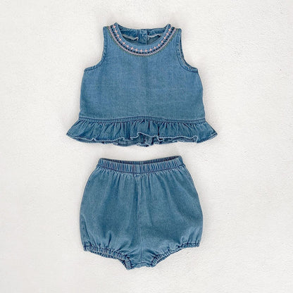 Baby Girls Embroidered Soft Denim Cotton Sleeveless Outfit Set