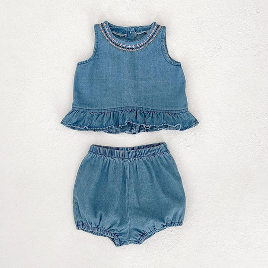 Baby Girls Embroidered Soft Denim Cotton Sleeveless Outfit Set
