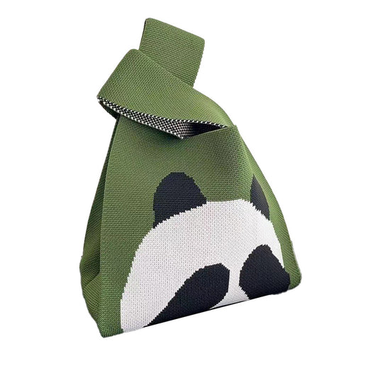 Ladies Girls Knit Bucket Bag Panda Bow Print Designs