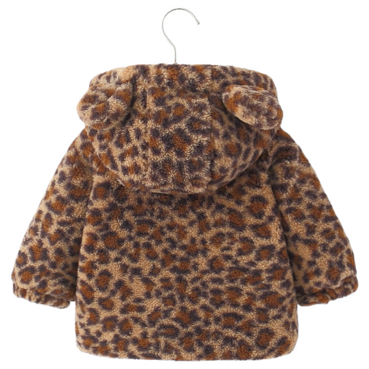 Girls’ Winter Leopard Print Hooded Jacket Thick Fleece-Lined Warm Coat for Toddlers and Kids