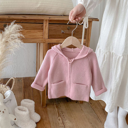 Girls’ Solid Color Hooded Knit Zip-Up Cardigan Fall Winter Warm Raglan Sweater Toddlers & Kids
