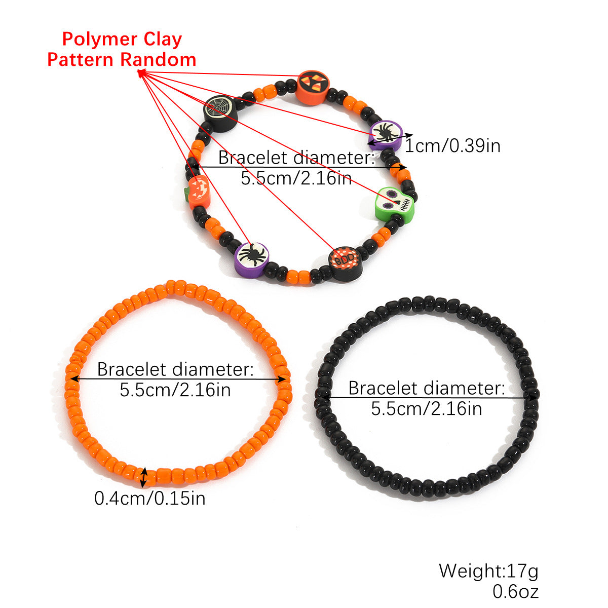 Pumpkin Skull Halloween Bracelets Stretchy Beaded Orange & Black Clay Charm Set