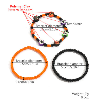 Pumpkin Skull Halloween Bracelets Stretchy Beaded Orange & Black Clay Charm Set