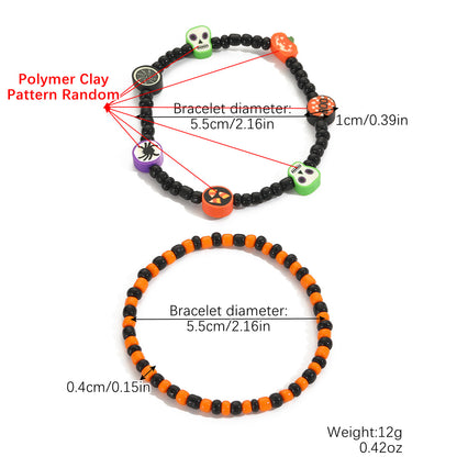 Pumpkin Skull Halloween Bracelets Stretchy Beaded Orange & Black Clay Charm Set