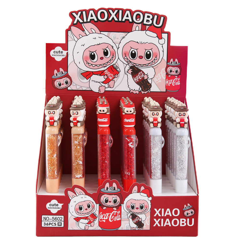 Labubu Cola Bottle Gel Pen Soft Rubber Cute Design with Sparkling Details, Black Ink Student Office Stationery