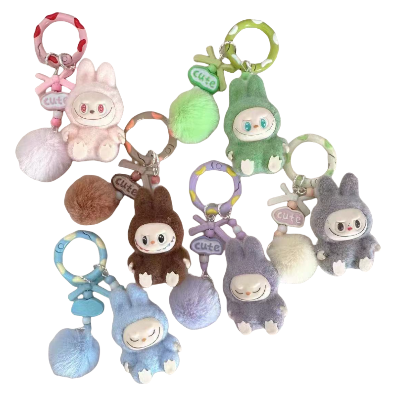 Labubu Sitting Pose Flocked Keychain Plush Bag & Car Keyring Decor Silicone Gift