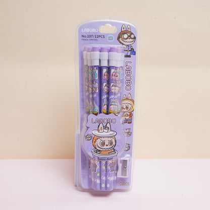 12-Pack Labubu Pencil Set with Sharpener – Cute Cartoon Office & School Stationery Supplies