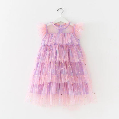 Girl's Rainbow Star Sequined Tulle Puff Sleeve Party Dress