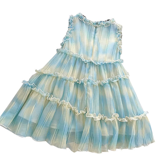 Girls Sleeveless Tie-Dye Bow Mesh Layered Ruffles Dress