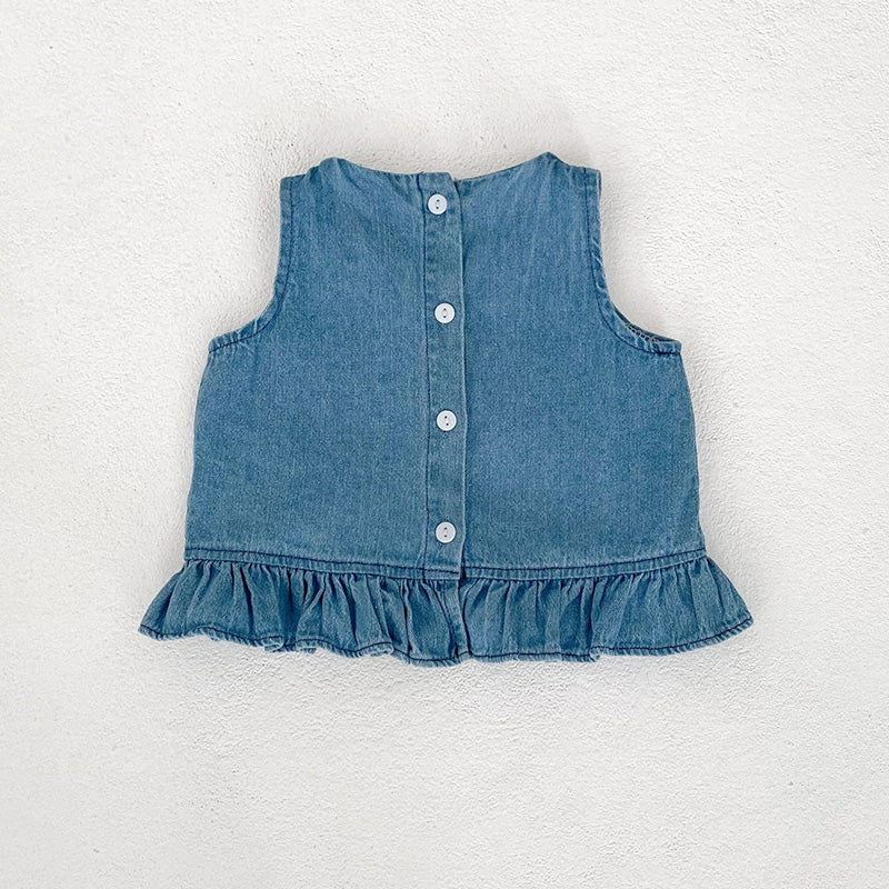 Baby Girls Embroidered Soft Denim Cotton Sleeveless Outfit Set