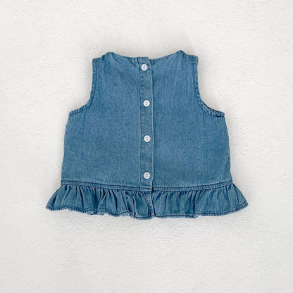 Baby Girls Embroidered Soft Denim Cotton Sleeveless Outfit Set
