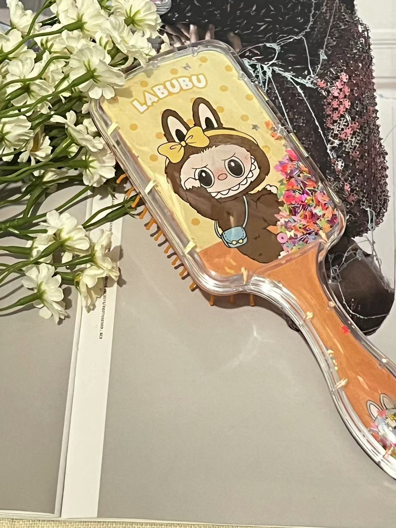 Labubu Cushion Hair Brush with Cartoon Print Glitter Liquid Sequins, Massage Airbag Comb